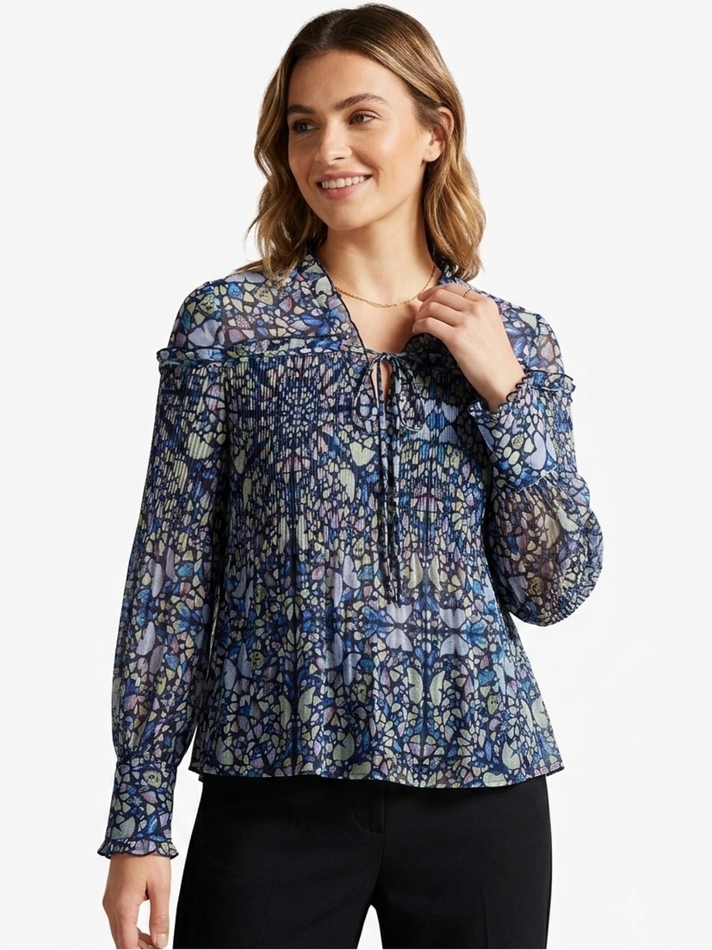 Ted Baker London Butterfly Print Pleated Blouse Long Sleeve Tie Neck Size 8